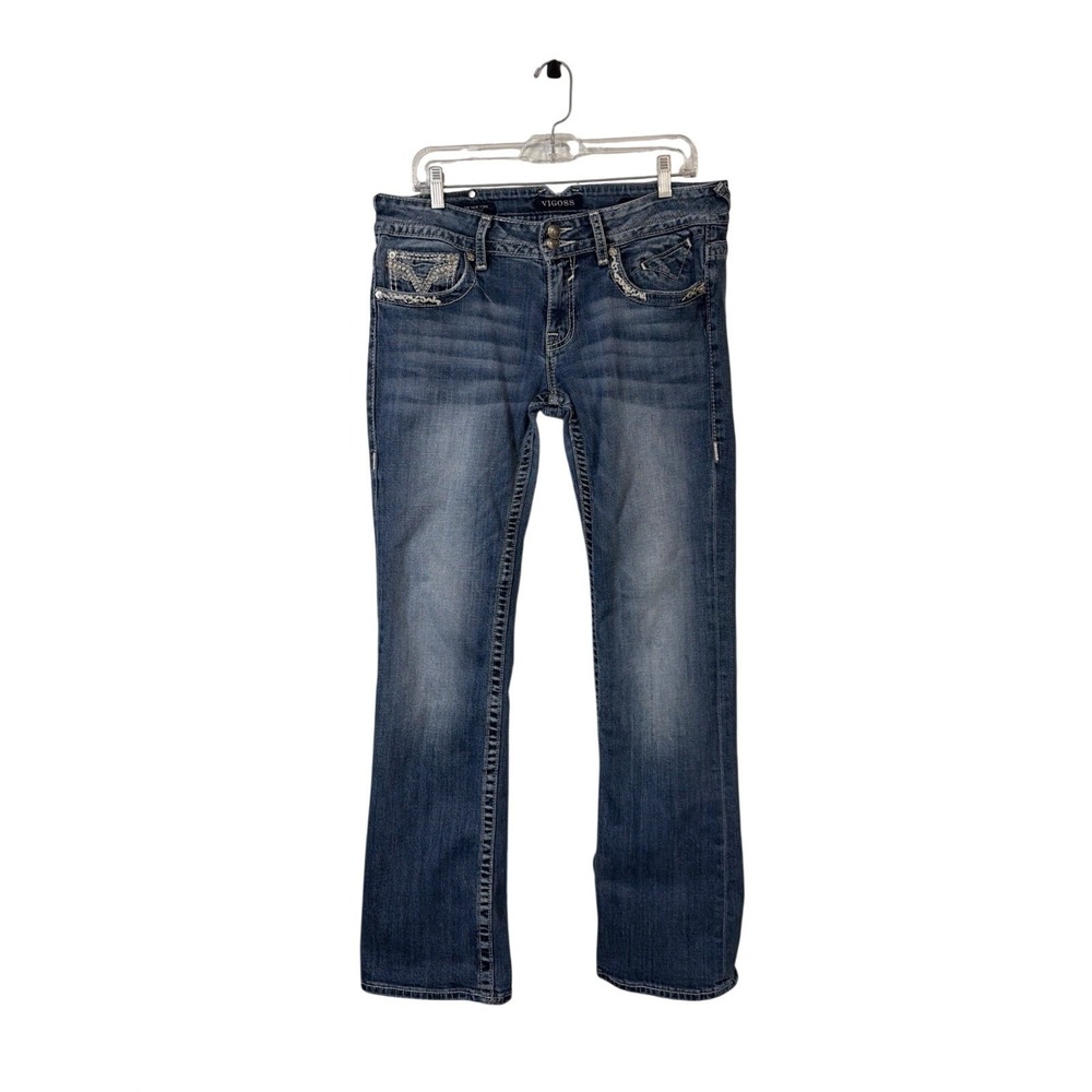 Vigoss Bootcut Jeans Womens 31 Blue Medium Wash Embellished Rhinestone Low Rise